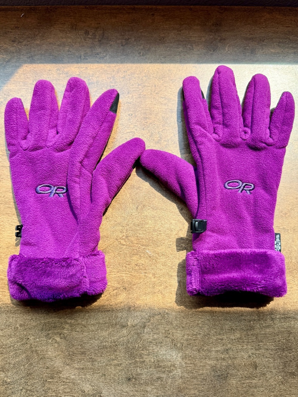 Bright Magenta Fleece Glove Pair with sensor tips.